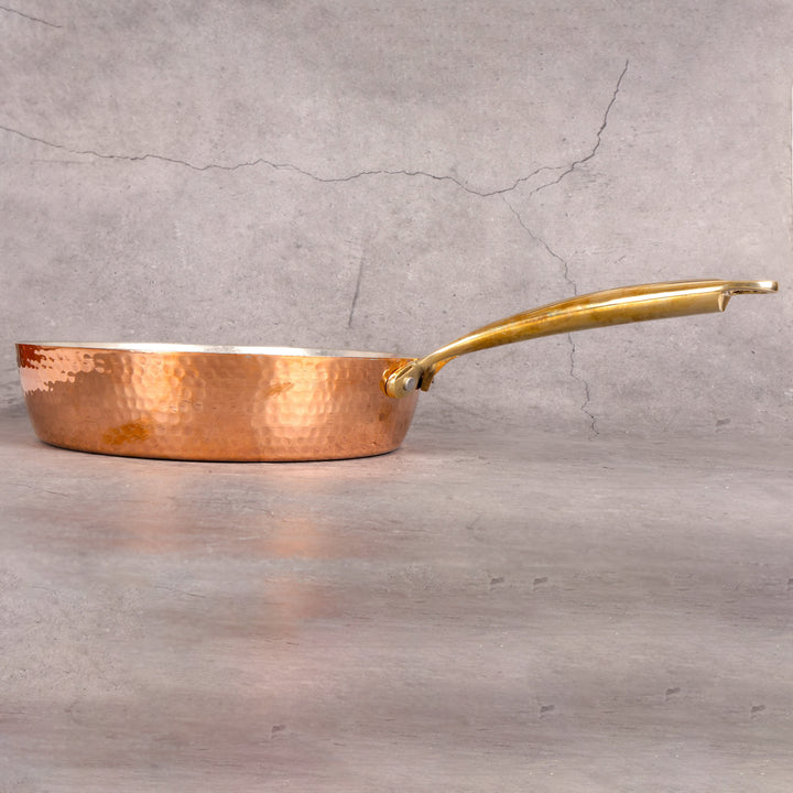 Copper Frying Pan with Brass Handle – Traditional Cookware for Healthy Cooking - Detailed side angle view showing key features and dimensions.