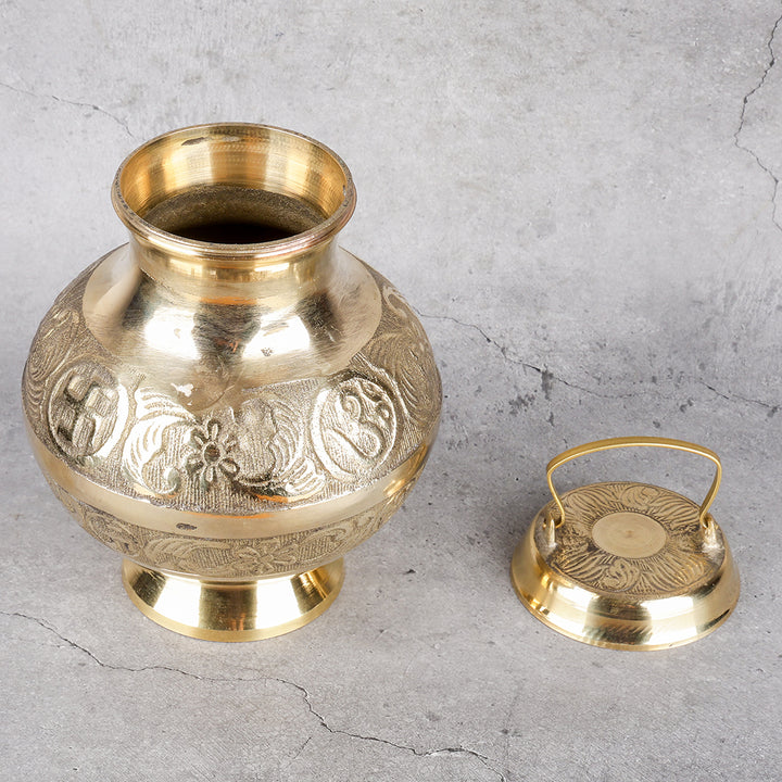 Brass Ganga Jali - Sacred River Water Vessel - Detailed side angle view showing key features and dimensions.