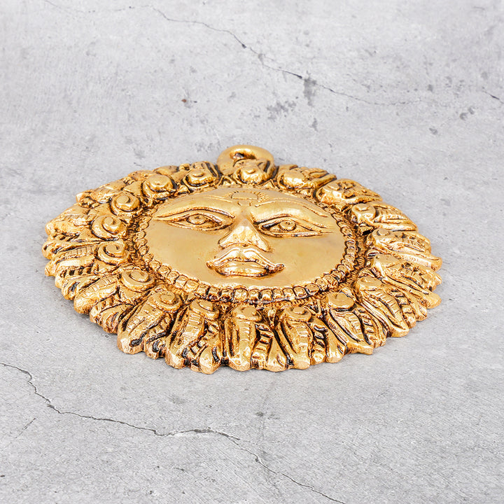 Brass Sun Face Suraj - Spiritual Wall Decor - Detailed side angle view showing key features and dimensions.