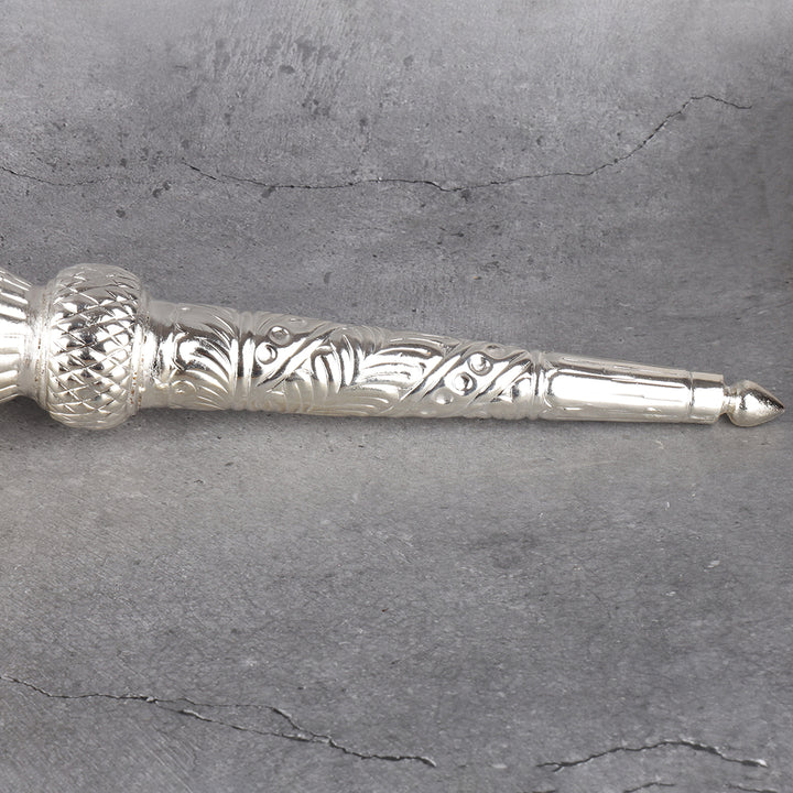 German silver chawar ceremonial fan pooja — close-up