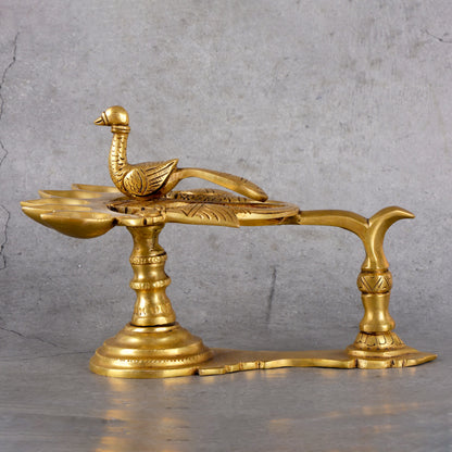Brass Panch Mukhi Diya - Traditional Ceremonial Lamp - Detailed side angle view showing key features and dimensions.
