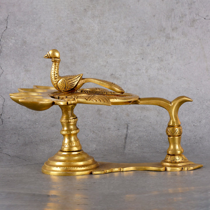 Brass Panch Mukhi Diya - Traditional Ceremonial Lamp - Detailed side angle view showing key features and dimensions.