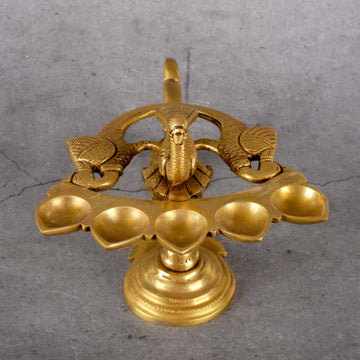Brass Panch Mukhi Diya - Traditional Ceremonial Lamp - Close-up shot highlighting material