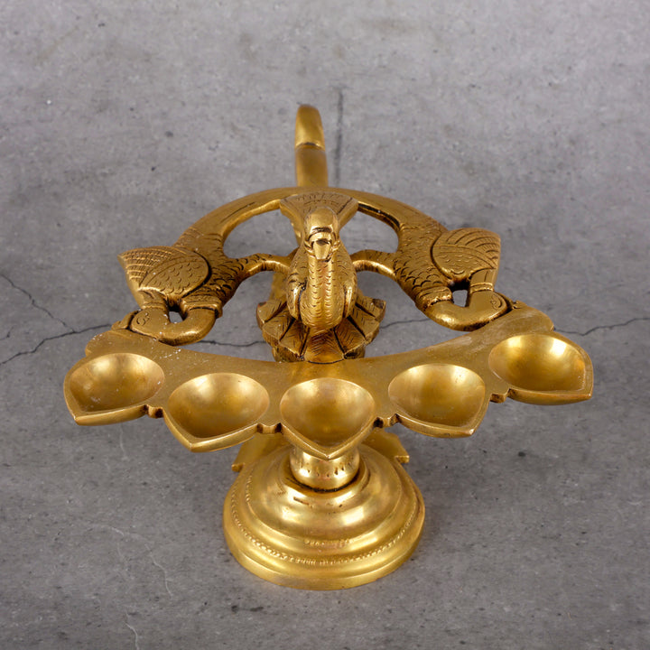 Brass Panch Mukhi Diya - Traditional Ceremonial Lamp - Close-up shot highlighting material