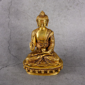 Brass Buddha Sakyamuni Statue - Meditation and Enlightenment - Detailed side angle view showing key features and dimensions.