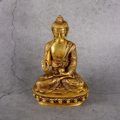 Brass Buddha Sakyamuni Statue - Meditation and Enlightenment - Detailed side angle view showing key features and dimensions.