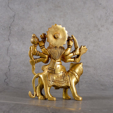Brass Goddess Durga Idol with Stand - Goddess of Power and Protection - Detailed side angle view showing key features and dimensions.