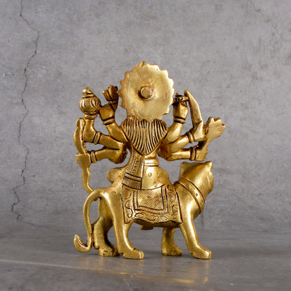 Brass Goddess Durga Idol with Stand - Goddess of Power and Protection - Detailed side angle view showing key features and dimensions.