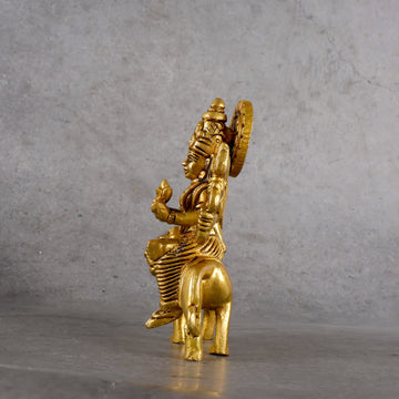 Brass Goddess Durga Idol with Stand - Symbol of Power and Protection - Detailed side angle view showing key features and dimensions.