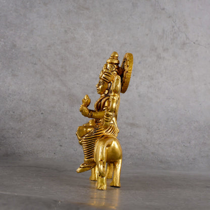 Brass Goddess Durga Idol with Stand - Symbol of Power and Protection - Detailed side angle view showing key features and dimensions.