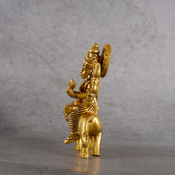 Brass Goddess Durga Idol with Stand - Symbol of Power and Protection - Detailed side angle view showing key features and dimensions.
