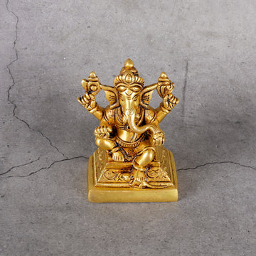 Brass Ganesha Statue - Traditional Elephant Deity - Detailed side angle view showing key features and dimensions.