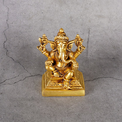 Brass Ganesha Statue - Traditional Elephant Deity - Detailed side angle view showing key features and dimensions.