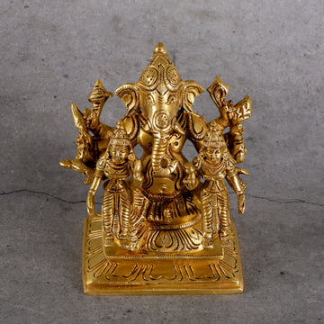 Brass Ganesha with Ridhi Sidhi - Prosperity Wisdom Set - Detailed side angle view showing key features and dimensions.