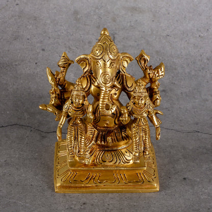 Brass Ganesha with Ridhi Sidhi - Prosperity Wisdom Set - Detailed side angle view showing key features and dimensions.