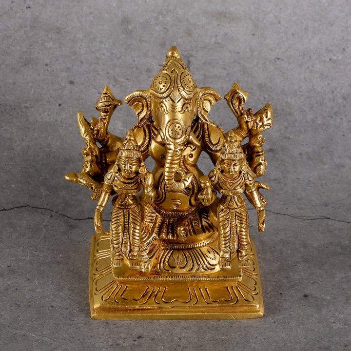Brass Ganesha with Ridhi Sidhi - Prosperity Wisdom Set - Detailed side angle view showing key features and dimensions.