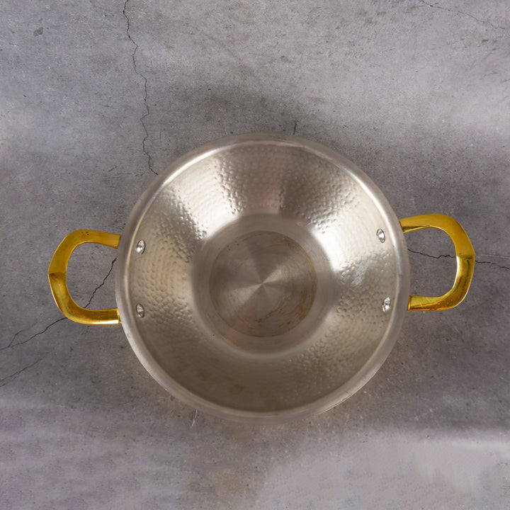 Brass Kadai Hammered with handle - Traditional Cooking Wok - Close-up shot highlighting material