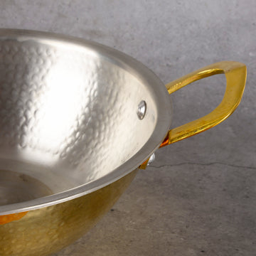 Brass Kadai Hammered with handle - Traditional Cooking Wok - Detailed side angle view showing key features and dimensions.