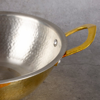 Brass Kadai Hammered with handle - Traditional Cooking Wok - Detailed side angle view showing key features and dimensions.