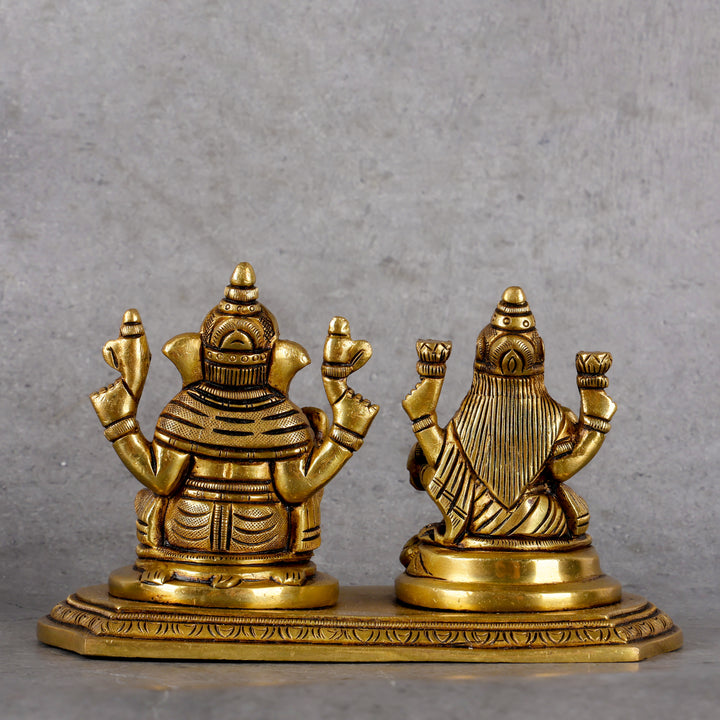 Brass Laxmi Ganesha Combined - Prosperity Deity Sculpture - Close-up shot highlighting material