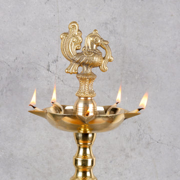 Brass Samai Diya with Leg- Traditional Oil Lamp - Detailed side angle view showing key features and dimensions.
