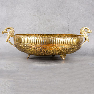 Brass Urli Peacock Design - Handmade Decorative Bowl - Detailed side angle view showing key features and dimensions.