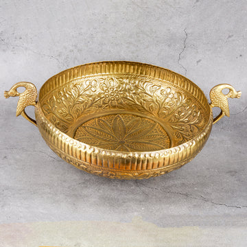 Brass Urli Peacock Design - Handmade Decorative Bowl - Main product view