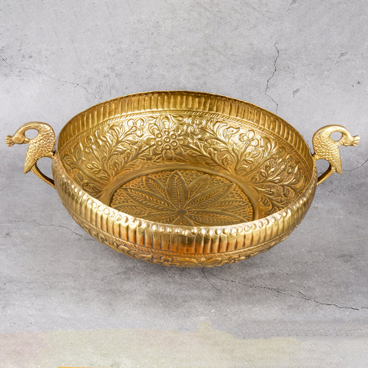 Brass Urli Peacock Design - Handmade Decorative Bowl - Main product view