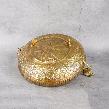 Brass Urli Peacock Design - Handmade Decorative Bowl - Close-up shot highlighting material