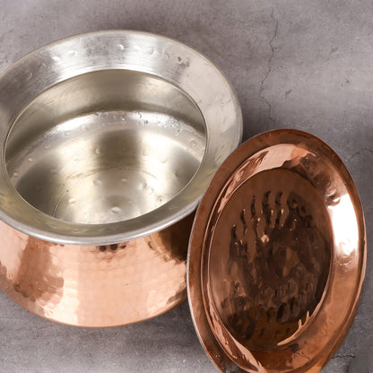 Copper Degh Jointless Handi with lid - Traditional Indian Cooking Pot - Detailed side angle view showing key features and dimensions.