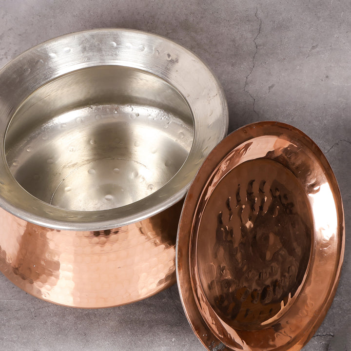 Copper Degh Jointless Handi with lid - Traditional Indian Cooking Pot - Detailed side angle view showing key features and dimensions.