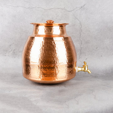 Copper Water Storage Matka - Hammered with Lid - Detailed side angle view showing key features and dimensions.