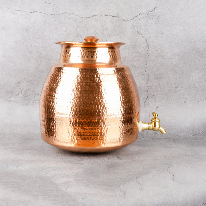 Copper Water Storage Matka - Hammered with Lid - Detailed side angle view showing key features and dimensions.